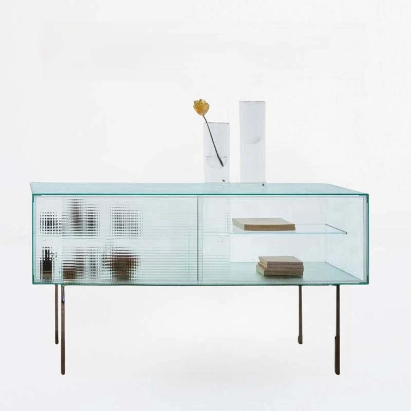 Modern Luxury Square Tempered Glass Stainless Steel Legs Storage Sideboard 1-Cabinet For Dining Room