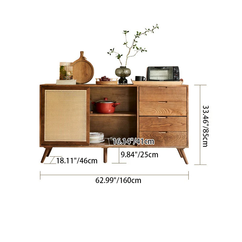 Traditional Vintage Rectangular Ash Wood Indonesian Rattan Storage Sideboard 1-Cabinet 4-Drawer For Dining Room