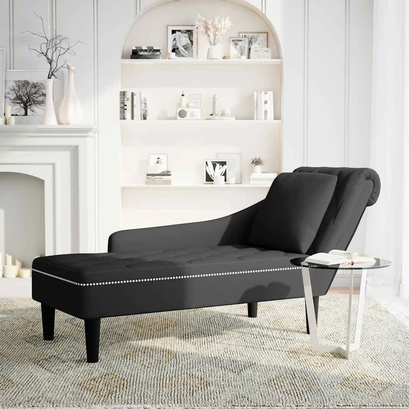 Chaise lounge c/ almofada/apoio de braços direito veludo preto