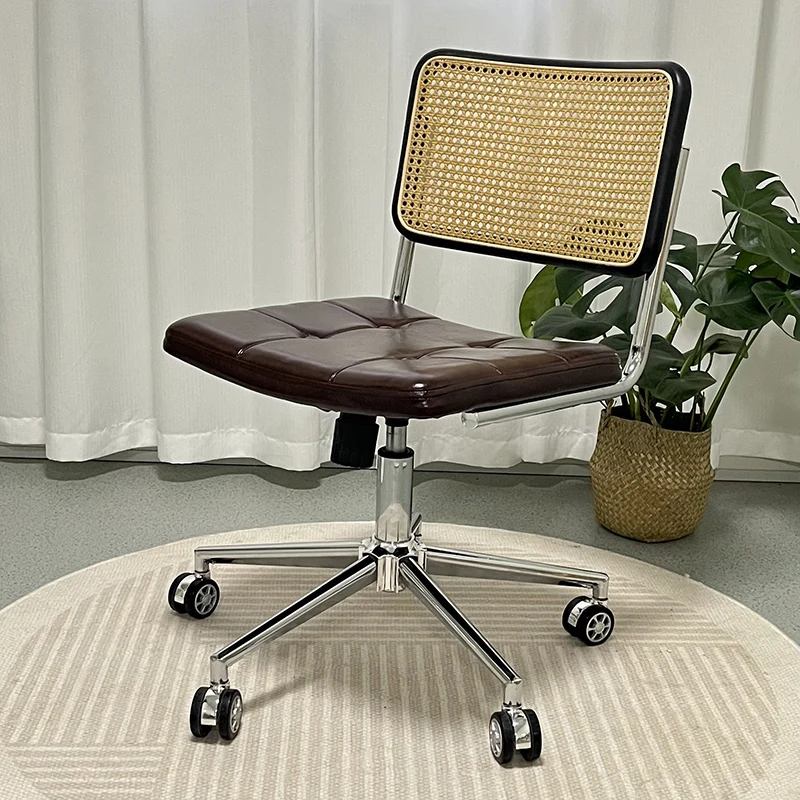 Contemporary Retro Weaving Rattan PU Leather Steel Alloy Liftable Square Desk Chair Backrest For Home Office