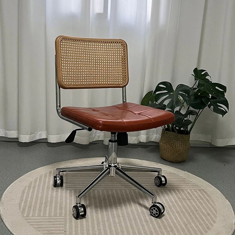 Contemporary Retro Weaving Rattan PU Leather Steel Alloy Liftable Square Desk Chair Backrest For Home Office