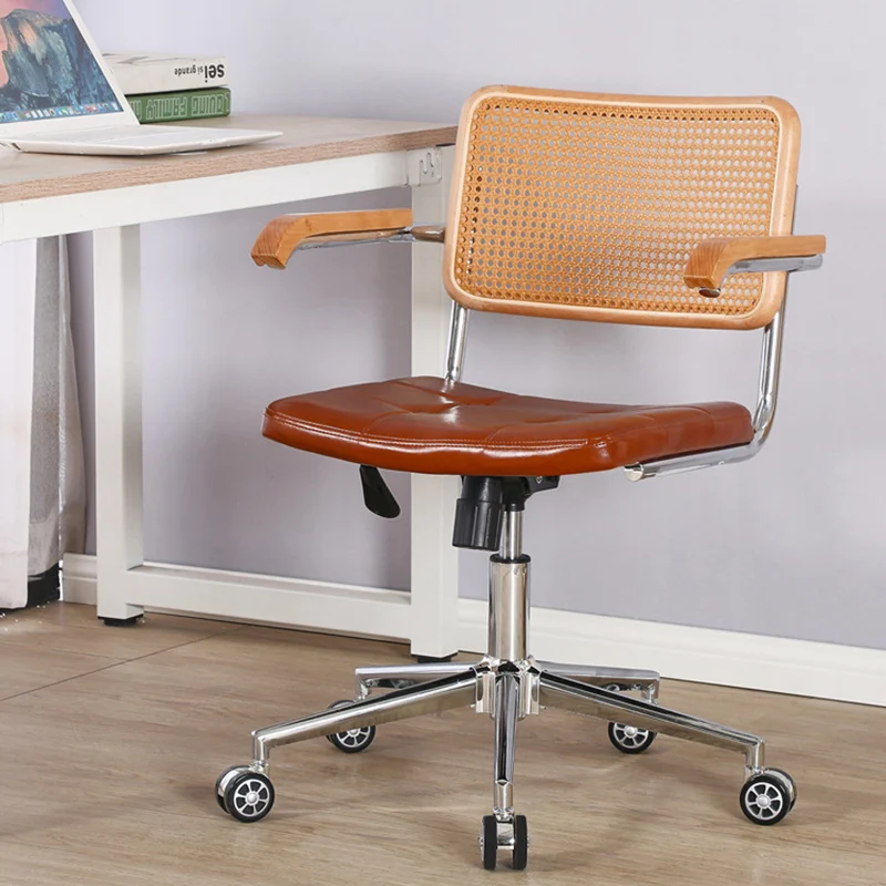 Contemporary Retro Weaving Rattan PU Leather Steel Alloy Liftable Square Desk Chair Backrest For Home Office