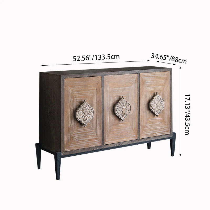 Traditional Vintage Iron & Pine Rectangular Console Table With 3-Cabinet Storage For Entryways & Living Room
