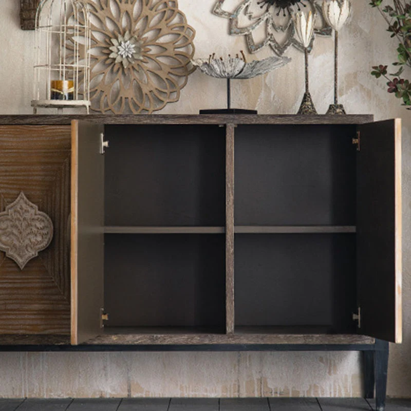Traditional Vintage Iron & Pine Rectangular Console Table With 3-Cabinet Storage For Entryways & Living Room