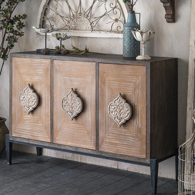 Traditional Vintage Iron & Pine Rectangular Console Table With 3-Cabinet Storage For Entryways & Living Room