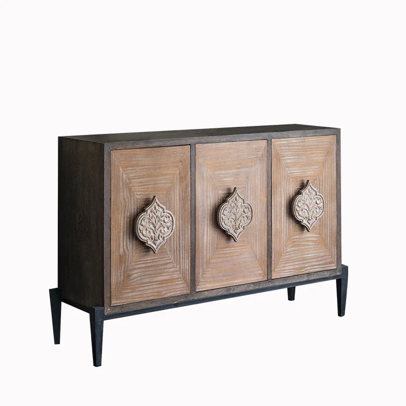 Traditional Vintage Iron & Pine Rectangular Console Table With 3-Cabinet Storage For Entryways & Living Room