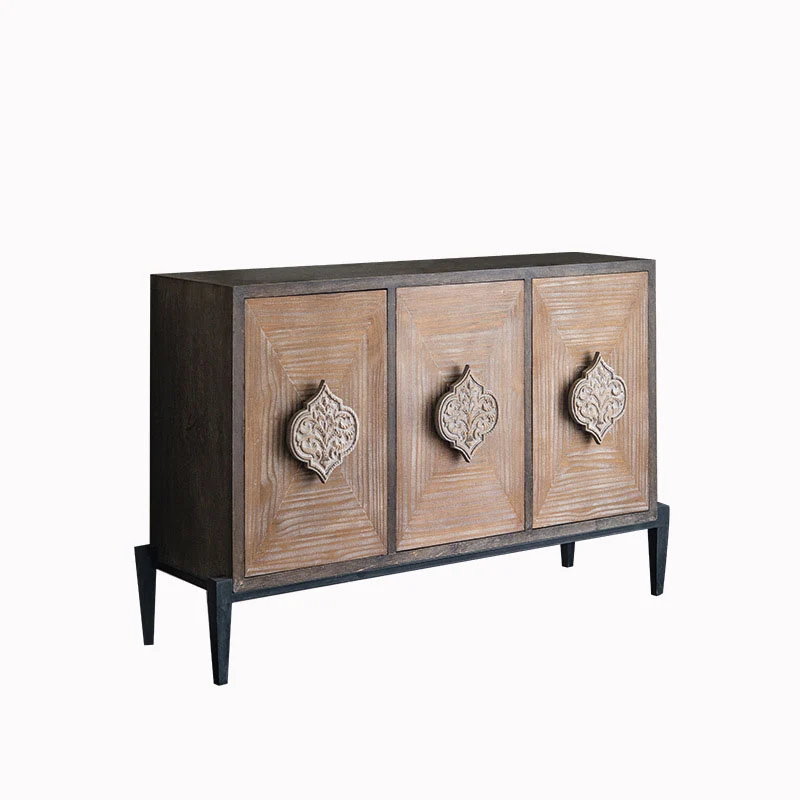 Traditional Vintage Iron & Pine Rectangular Console Table With 3-Cabinet Storage For Entryways & Living Room