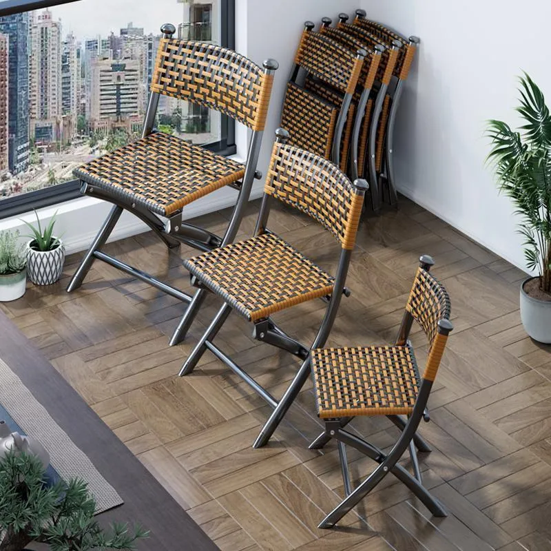 Contemporary Simplicity Curved Iron PE Rattan Foldable Weaving Stackable Chair Backrest Armless For Living Room