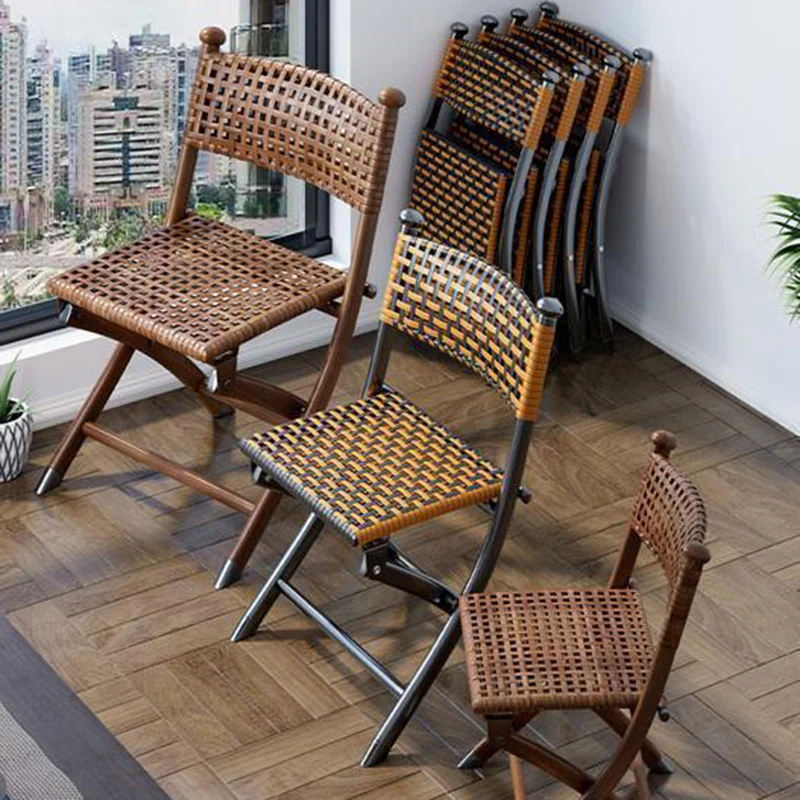 Contemporary Simplicity Curved Iron PE Rattan Foldable Weaving Stackable Chair Backrest Armless For Living Room