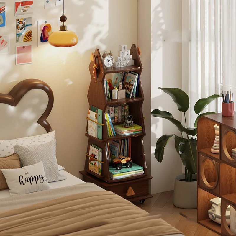 Traditional Rustic Christmas Tree Solid Wood Rubberwood Metal Movable Floor-Standing Bookshelf 4-Shelf For Study