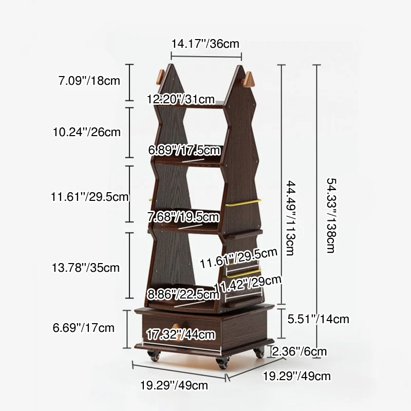 Traditional Rustic Christmas Tree Solid Wood Rubberwood Metal Movable Floor-Standing Bookshelf 4-Shelf For Study