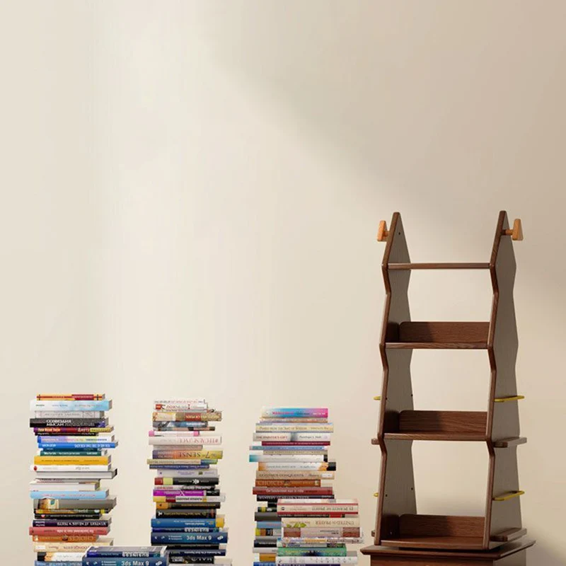 Traditional Rustic Christmas Tree Solid Wood Rubberwood Metal Movable Floor-Standing Bookshelf 4-Shelf For Study