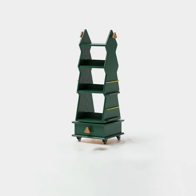 Traditional Rustic Christmas Tree Solid Wood Rubberwood Metal Movable Floor-Standing Bookshelf 4-Shelf For Study