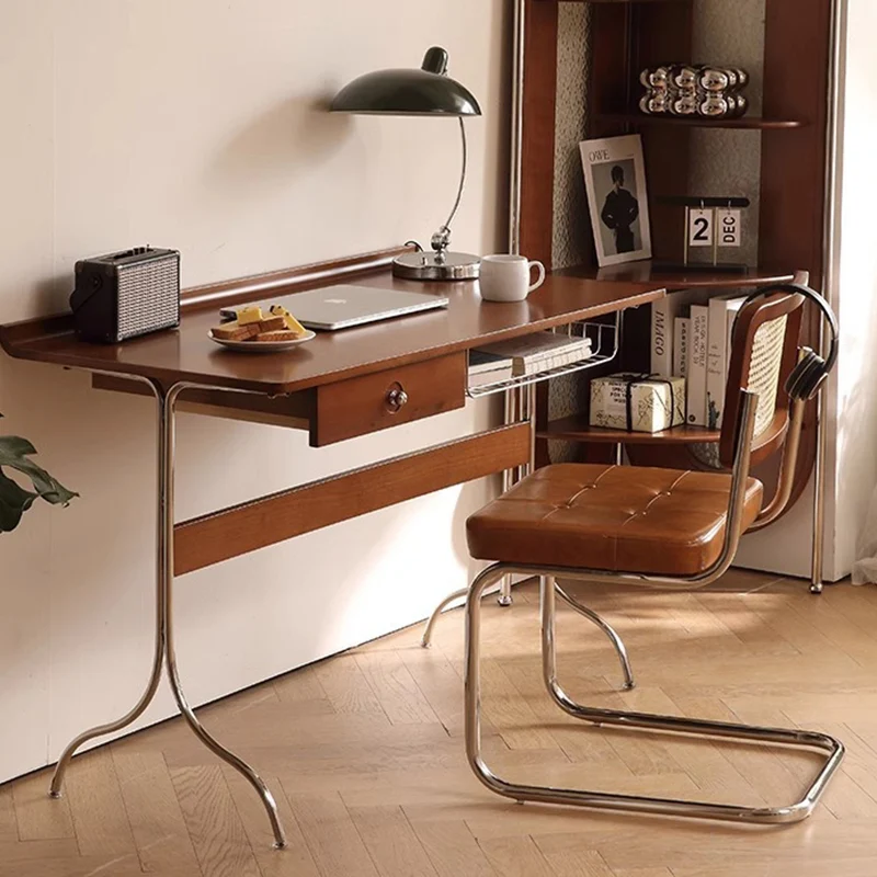 Traditional Mid-Century Cherry Wood Stainless Steel Y-Shaped Rectangular Desk 1-Tier For Bedroom