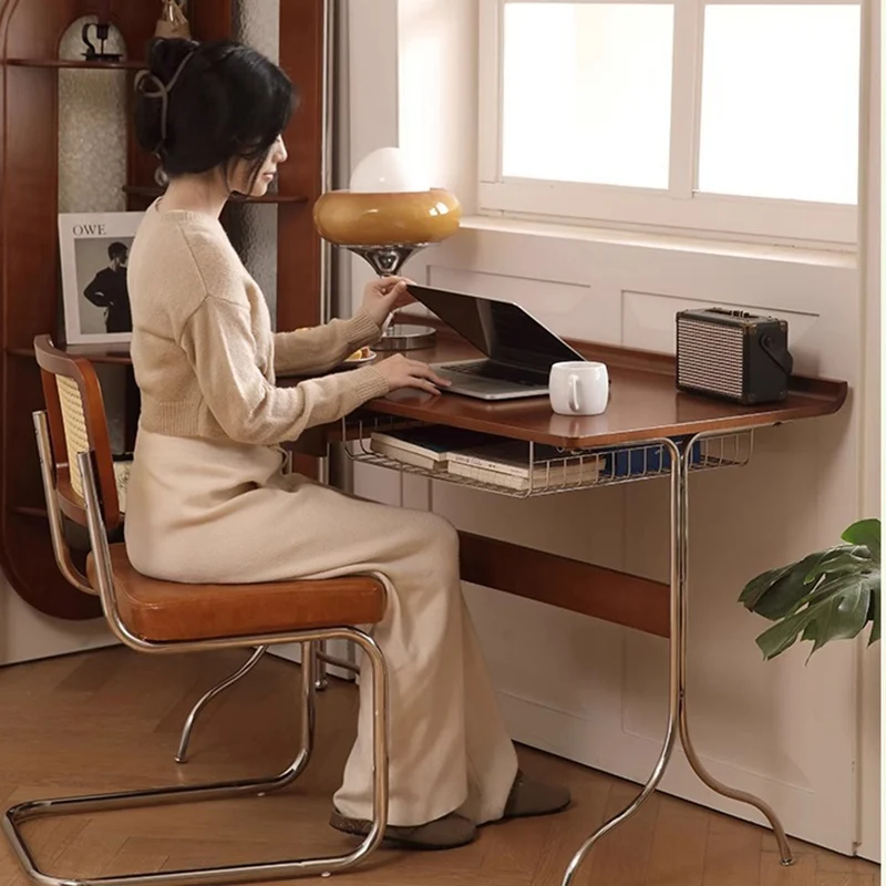 Traditional Mid-Century Cherry Wood Stainless Steel Y-Shaped Rectangular Desk 1-Tier For Bedroom
