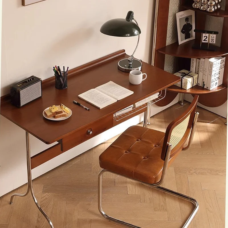 Traditional Mid-Century Cherry Wood Stainless Steel Y-Shaped Rectangular Desk 1-Tier For Bedroom