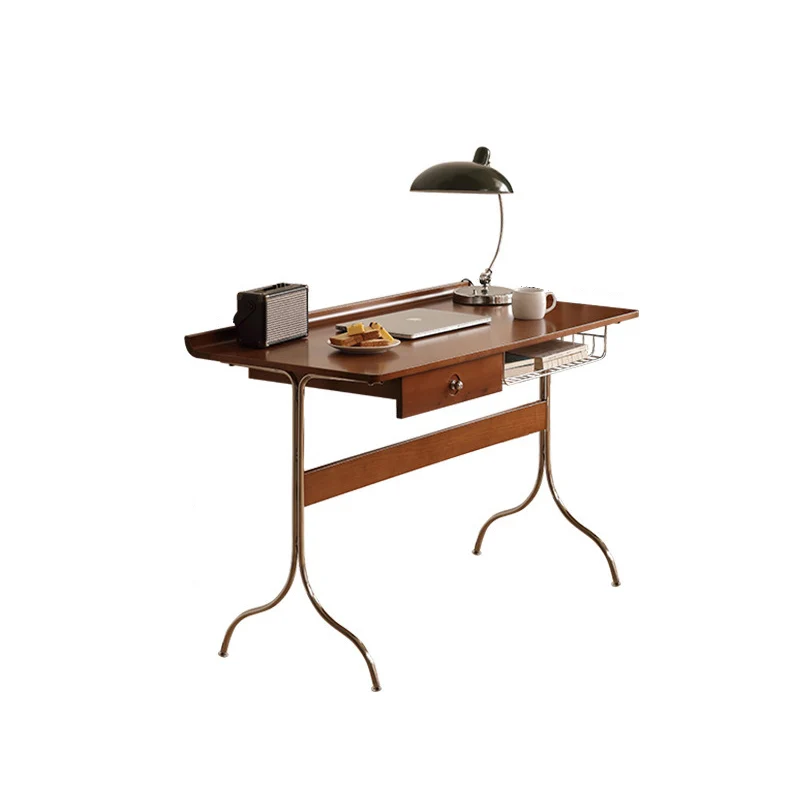Traditional Mid-Century Cherry Wood Stainless Steel Y-Shaped Rectangular Desk 1-Tier For Bedroom