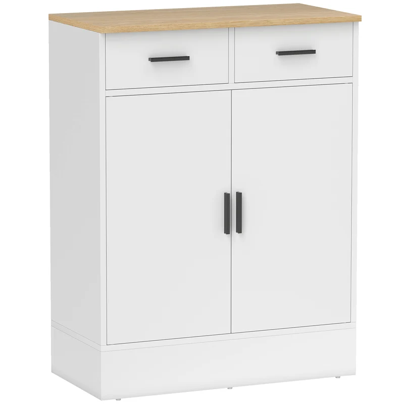 Aparador com Espaço de Armazenamento, Cômoda com 2 Gavetas, Prateleira Ajustável, para Cozinha, Sala, Corredor, Madeira Natural, Branco