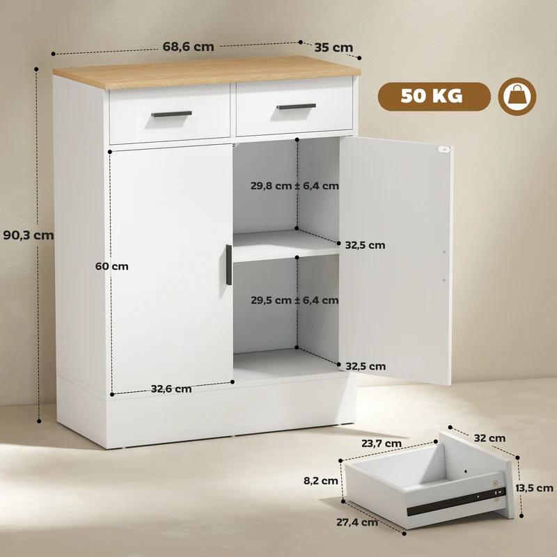 Aparador com Espaço de Armazenamento, Cômoda com 2 Gavetas, Prateleira Ajustável, para Cozinha, Sala, Corredor, Madeira Natural, Branco