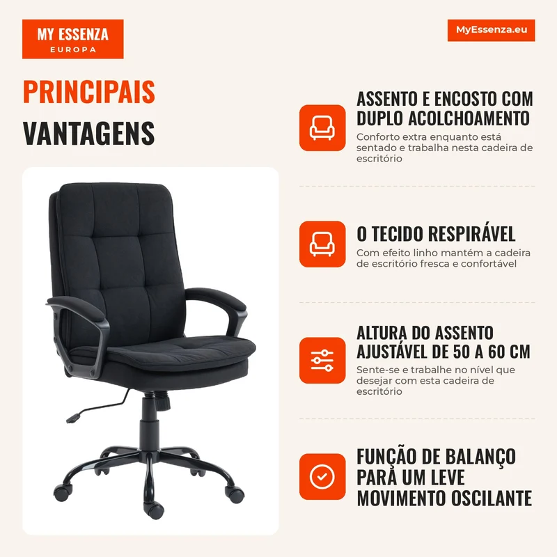 Cadeira de Escritório Ergonômica em Tecido Efeito Linho Altura Ajustável Função de Balanço Capacidade 120 kg Preto