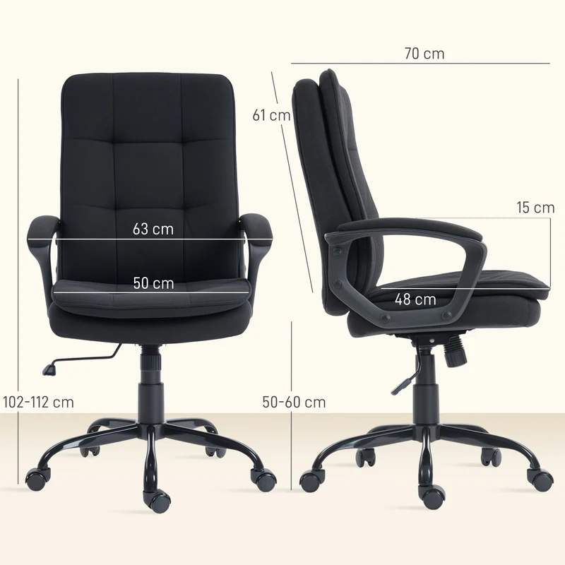 Cadeira de Escritório Ergonômica em Tecido Efeito Linho Altura Ajustável Função de Balanço Capacidade 120 kg Preto