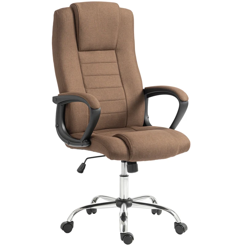 Cadeira de Escritório Ergonómica Inclinável Giratória em Tecido Efeito Linho com Apoio de Cabeça, Castanho