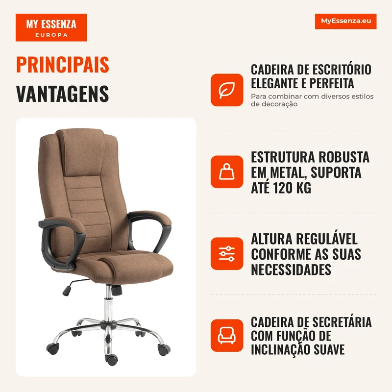 Cadeira de Escritório Ergonómica Inclinável Giratória em Tecido Efeito Linho com Apoio de Cabeça, Castanho