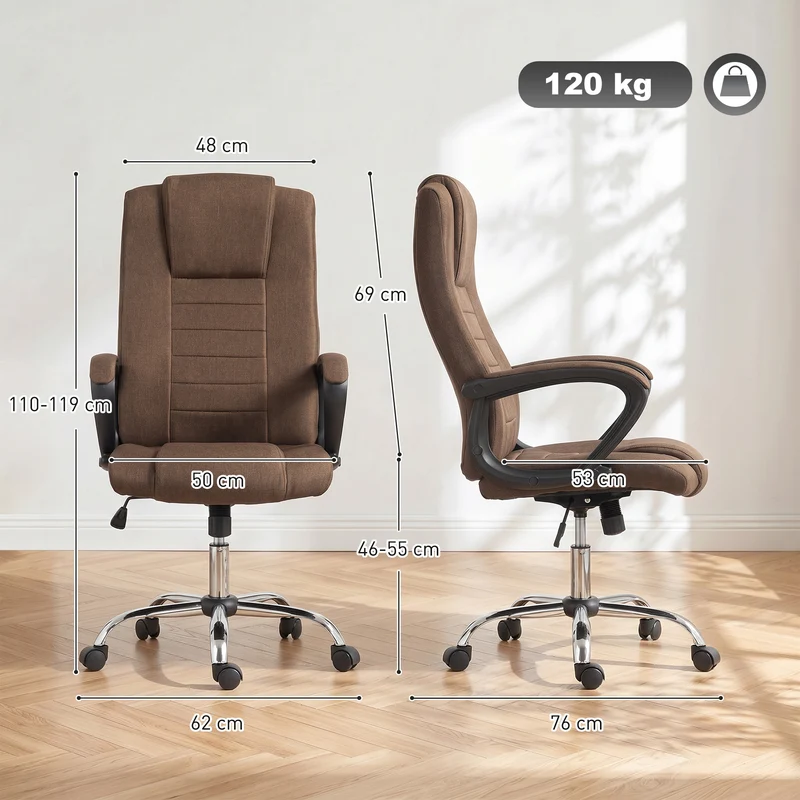 Cadeira de Escritório Ergonómica Inclinável Giratória em Tecido Efeito Linho com Apoio de Cabeça, Castanho