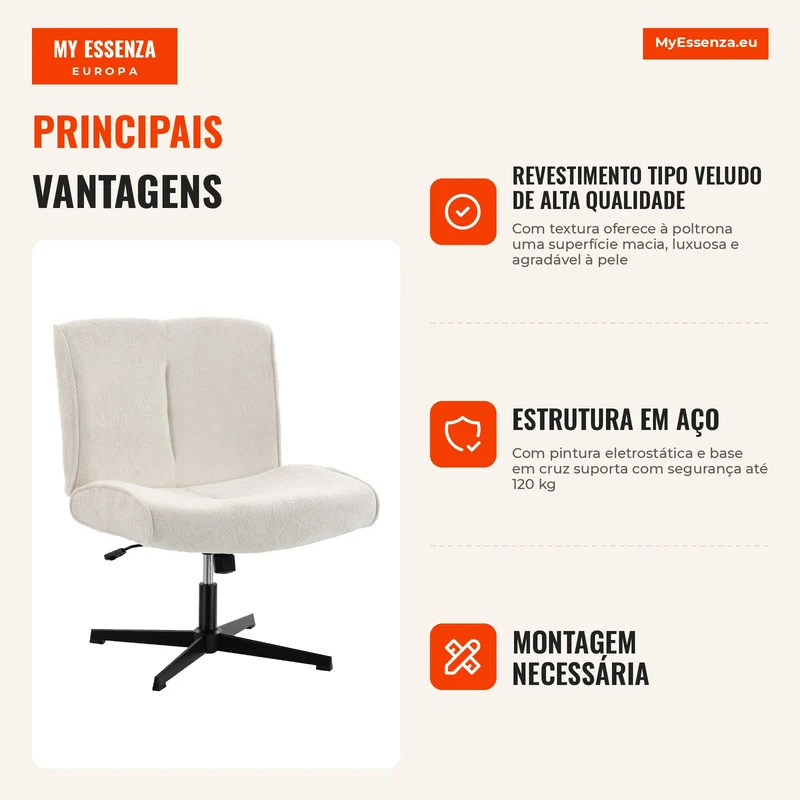 Poltrona de Destaque Giratória Poltrona Lounge Estofada em Veludo com Ajuste de Altura para Sala de Estar Escritório Creme Branco