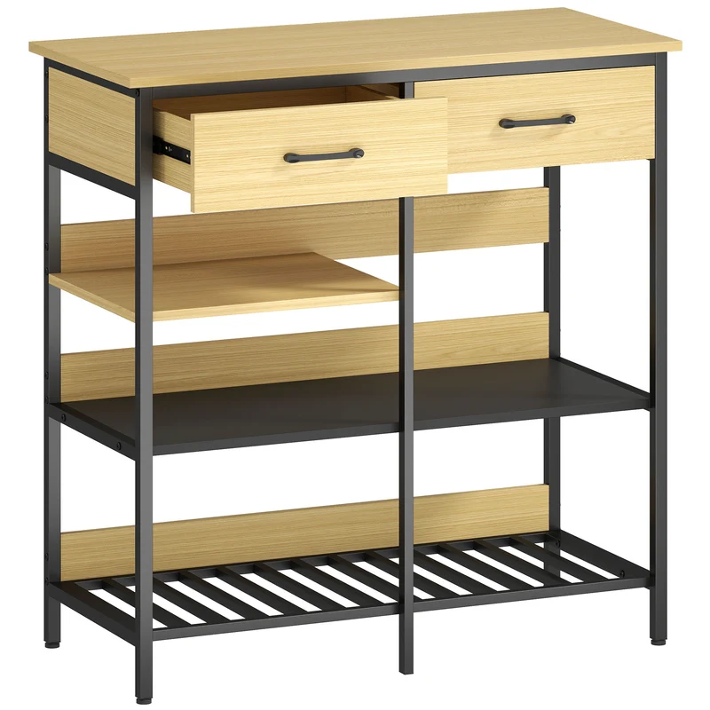 Aparador, Cômoda com 2 gavetas, 3 prateleiras abertas Armário de cozinha para cozinha, sala de estar 90 x 40 x 91 cm, Madeira natural