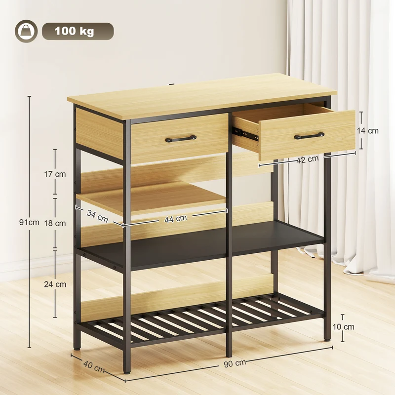 Aparador, Cômoda com 2 gavetas, 3 prateleiras abertas Armário de cozinha para cozinha, sala de estar 90 x 40 x 91 cm, Madeira natural