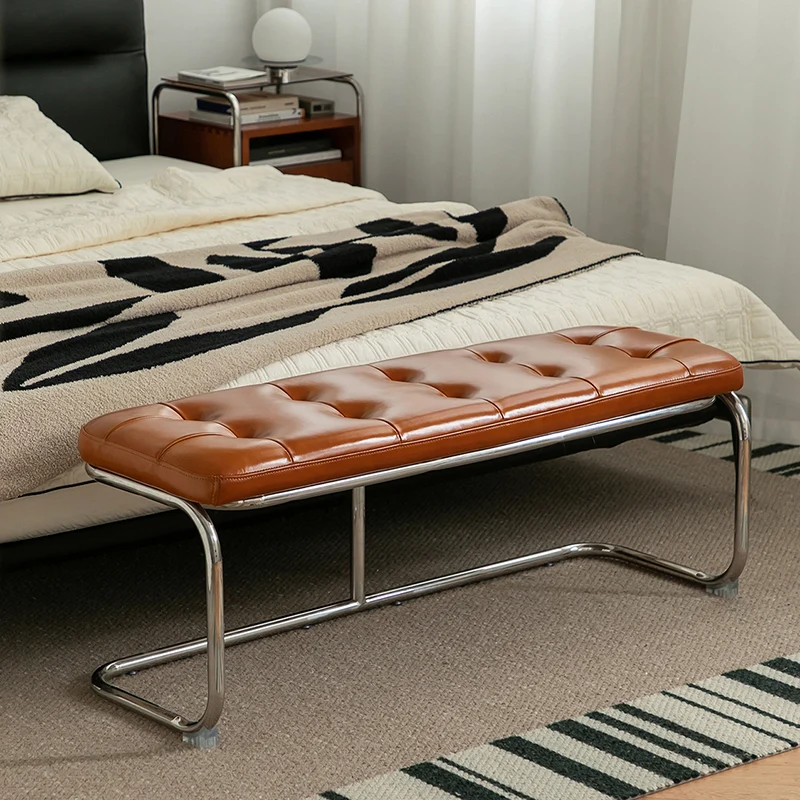 Traditional French Rectangle Geometry PU Leather Iron Bench Backless Armless For Entryway