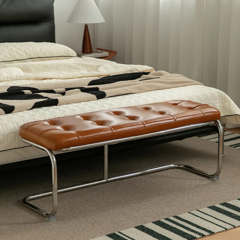 Traditional French Rectangle Geometry PU Leather Iron Bench Backless Armless For Entryway