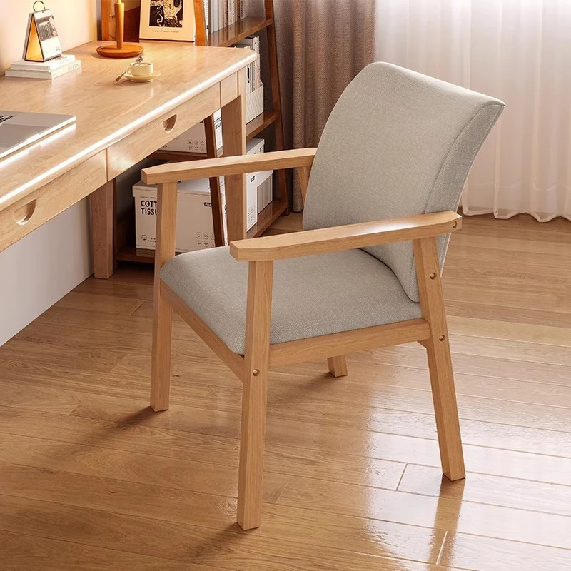 Contemporary Scandinavian Cotton Linen Rubberwood Tilted Rounded Square Desk Chair With Backrest & Armrest For Home Office