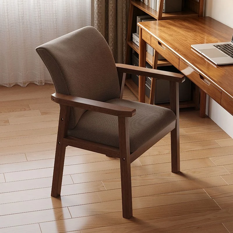 Contemporary Scandinavian Cotton Linen Rubberwood Tilted Rounded Square Desk Chair With Backrest & Armrest For Home Office