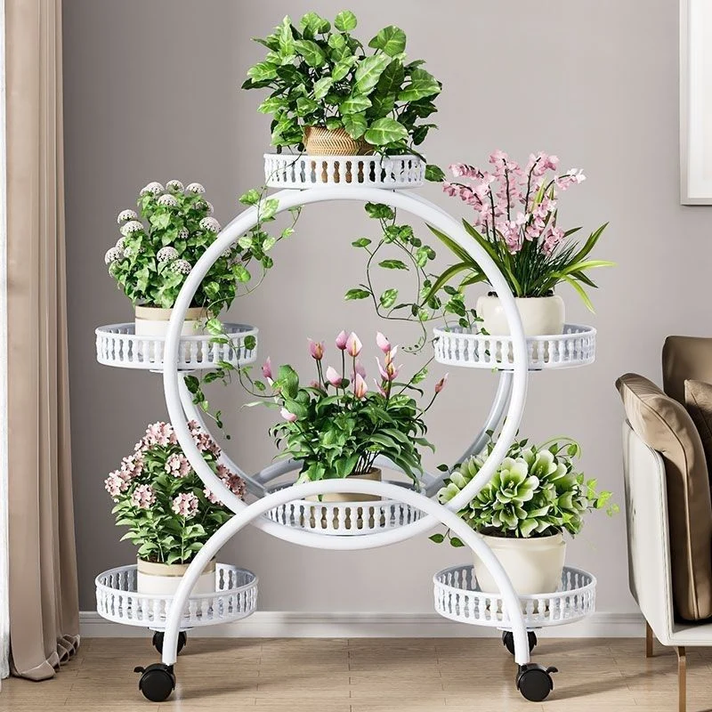 Modern Minimalist Movable Round Ferris Wheel-Shaped Carbon Steel Display Rack 4/6/8-Tray For Balcony