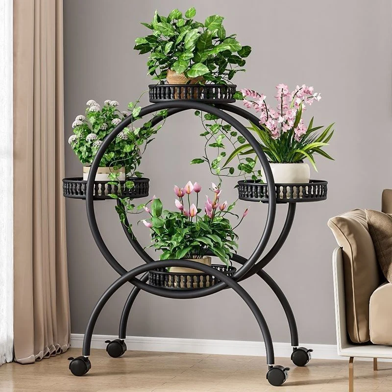 Modern Minimalist Movable Round Ferris Wheel-Shaped Carbon Steel Display Rack 4/6/8-Tray For Balcony