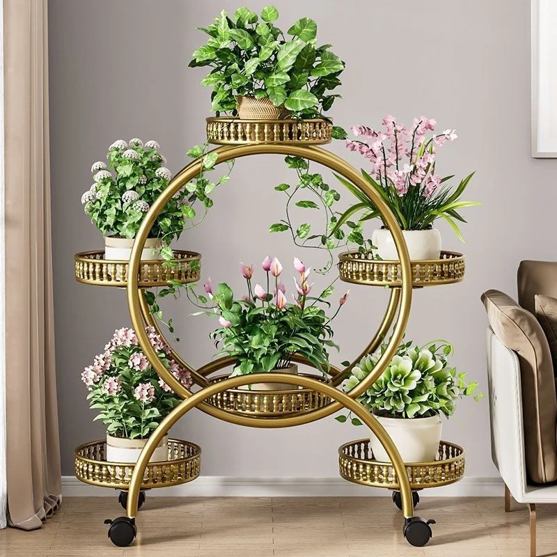Modern Minimalist Movable Round Ferris Wheel-Shaped Carbon Steel Display Rack 4/6/8-Tray For Balcony
