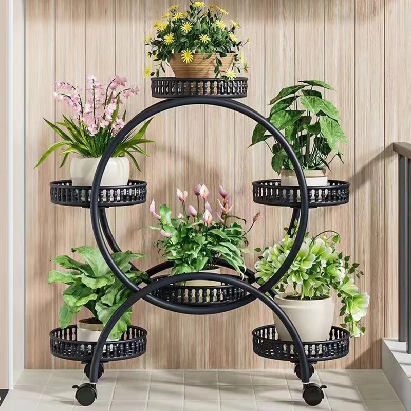 Modern Minimalist Movable Round Ferris Wheel-Shaped Carbon Steel Display Rack 4/6/8-Tray For Balcony
