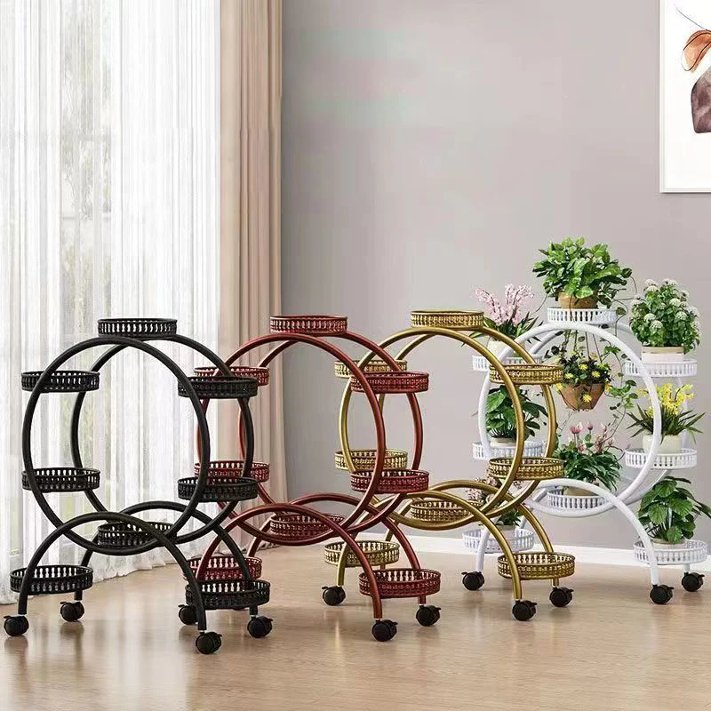 Modern Minimalist Movable Round Ferris Wheel-Shaped Carbon Steel Display Rack 4/6/8-Tray For Balcony
