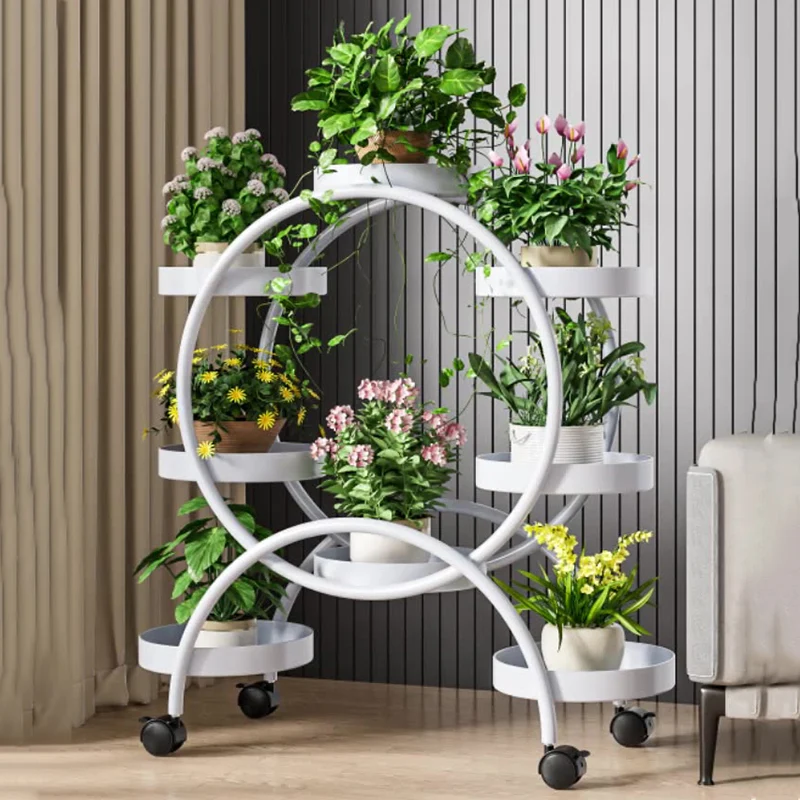 Modern Minimalist Movable Round Ferris Wheel-Shaped Carbon Steel Display Rack 4/6/8-Tray For Balcony