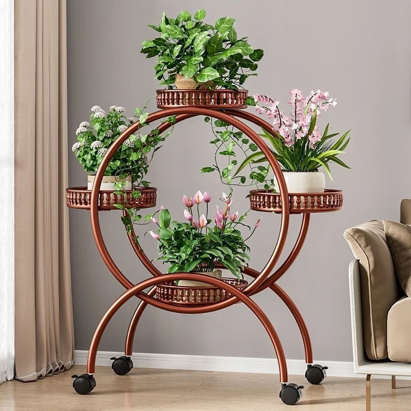 Modern Minimalist Movable Round Ferris Wheel-Shaped Carbon Steel Display Rack 4/6/8-Tray For Balcony