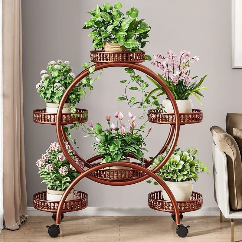 Modern Minimalist Movable Round Ferris Wheel-Shaped Carbon Steel Display Rack 4/6/8-Tray For Balcony