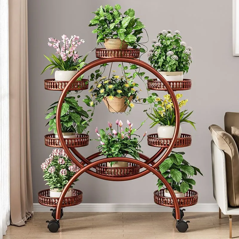 Modern Minimalist Movable Round Ferris Wheel-Shaped Carbon Steel Display Rack 4/6/8-Tray For Balcony