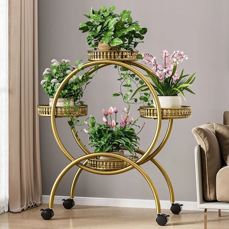 Modern Minimalist Movable Round Ferris Wheel-Shaped Carbon Steel Display Rack 4/6/8-Tray For Balcony