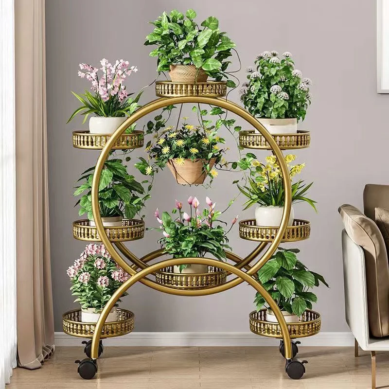 Modern Minimalist Movable Round Ferris Wheel-Shaped Carbon Steel Display Rack 4/6/8-Tray For Balcony