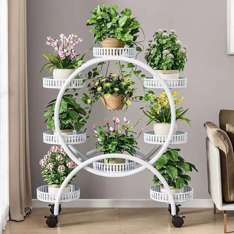 Modern Minimalist Movable Round Ferris Wheel-Shaped Carbon Steel Display Rack 4/6/8-Tray For Balcony