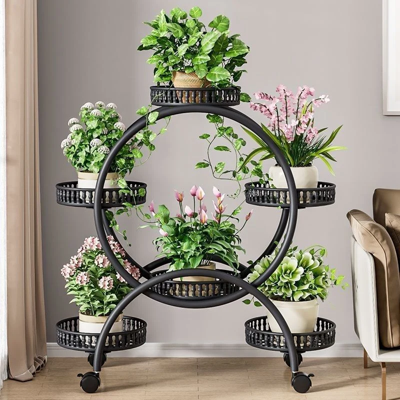 Modern Minimalist Movable Round Ferris Wheel-Shaped Carbon Steel Display Rack 4/6/8-Tray For Balcony