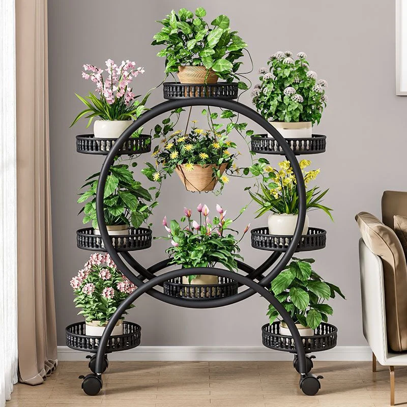 Modern Minimalist Movable Round Ferris Wheel-Shaped Carbon Steel Display Rack 4/6/8-Tray For Balcony