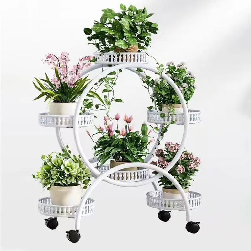 Modern Minimalist Movable Round Ferris Wheel-Shaped Carbon Steel Display Rack 4/6/8-Tray For Balcony